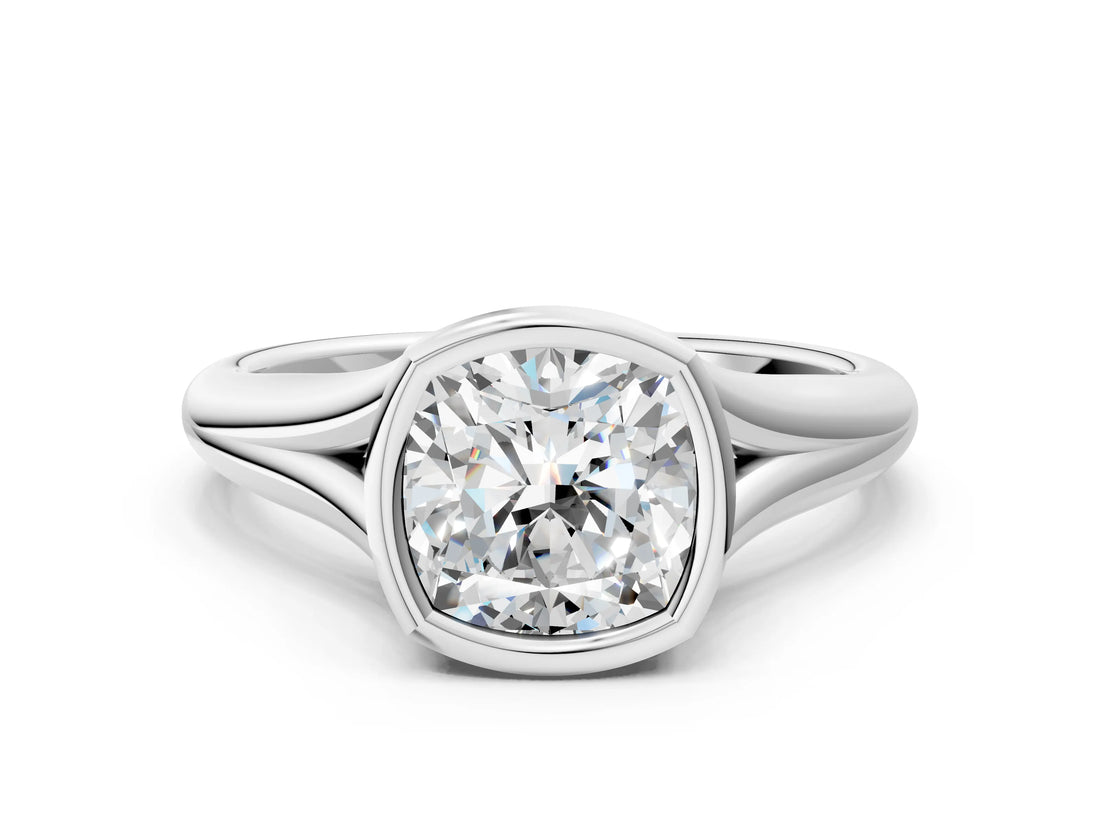 White gold Bezel Set Cushion Solitaire Diamond Ring with Smooth Band 2