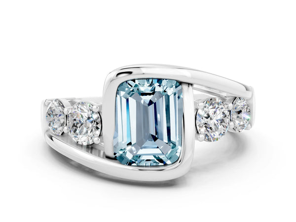 Silver Bezel Set Emerald Cut Aquamarine Bypass Ring with Round  Accents