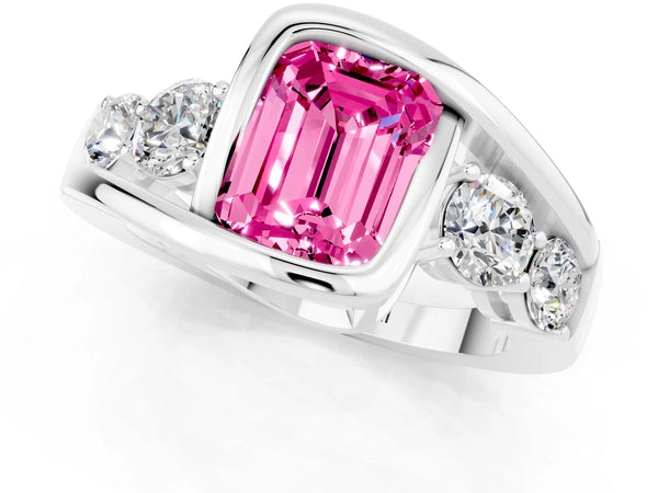 White gold Bezel Set Emerald Cut Pink Sapphire Bypass Ring with Round  Accents
