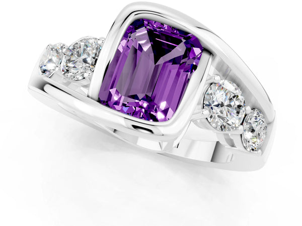 Platinum Bezel Set Emerald Cut Amethyst Bypass Ring with Round  Accents