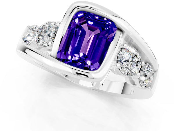 Silver Bezel Set Emerald Cut Tanzanite Bypass Ring with Round  Accents