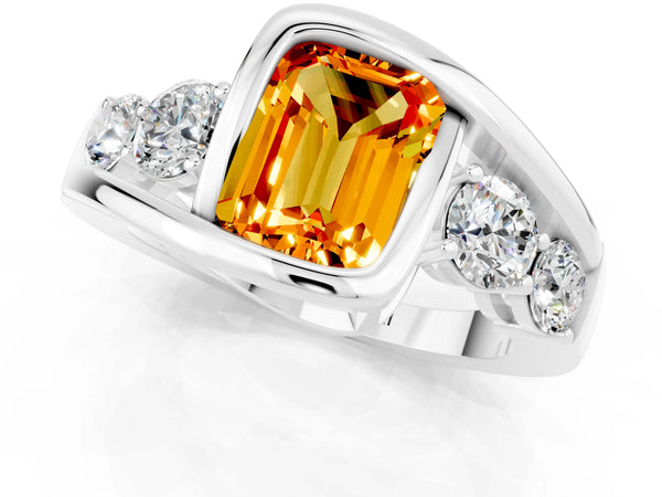 Platinum Bezel Set Emerald Cut Citrine Bypass Ring with Round  Accents