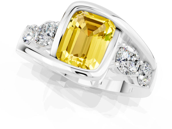 Silver Bezel Set Emerald Cut Yellow Sapphire Bypass Ring with Round  Accents