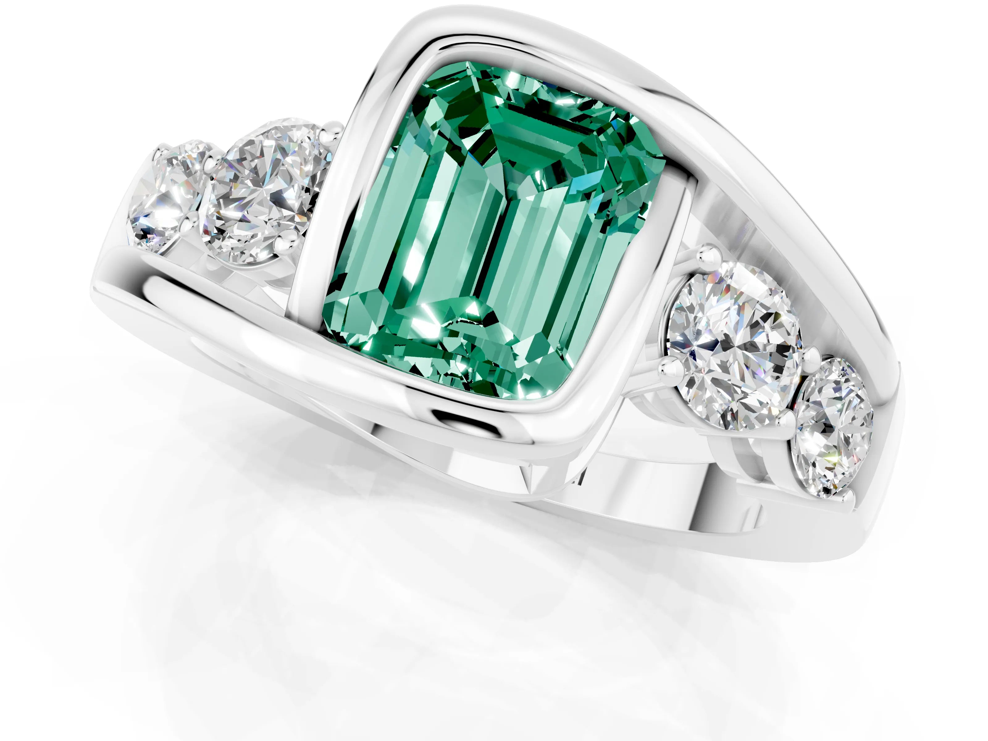 White gold Bezel Set Emerald Cut Diamond Split Shank Ring_1