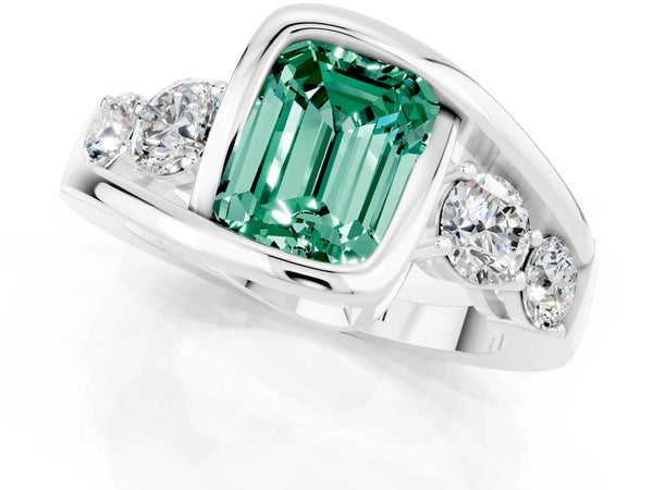 Platinum Bezel Set Emerald Cut Green Sapphire Bypass Ring with Round  Accents