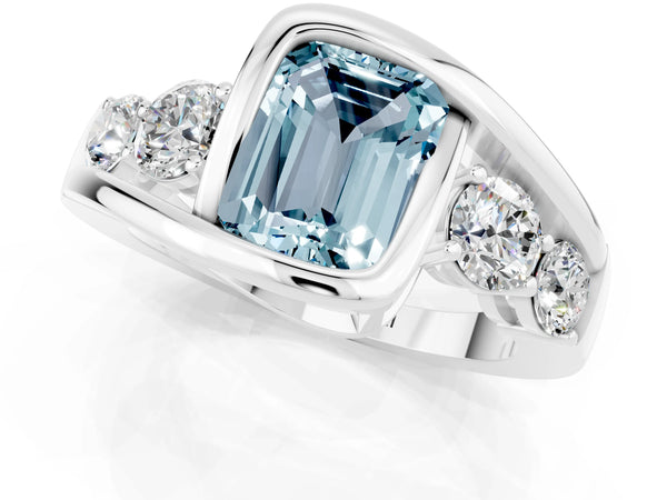 Platinum Bezel Set Emerald Cut Aquamarine Bypass Ring with Round  Accents