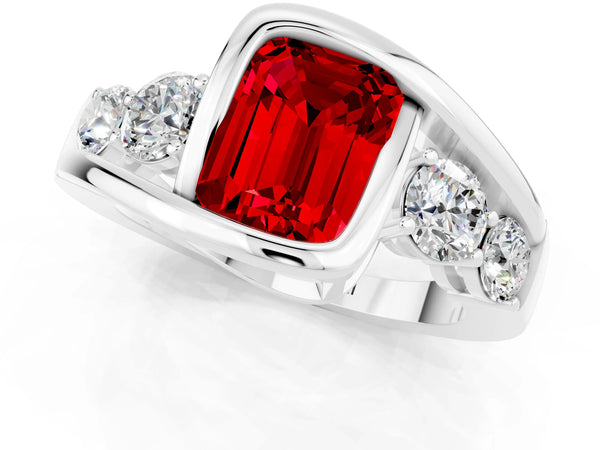 Platinum Bezel Set Emerald Cut Ruby Bypass Ring with Round  Accents