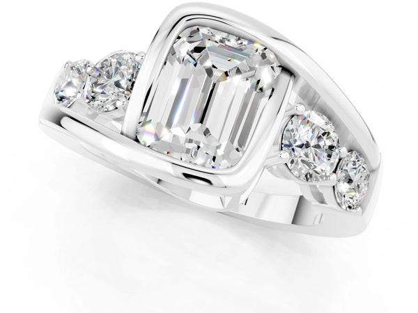 White gold Bezel Set Emerald Cut Moissanite Bypass Ring with Round  Accents