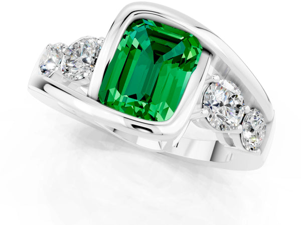 Silver Bezel Set Emerald Cut Emerald Bypass Ring with Round  Accents