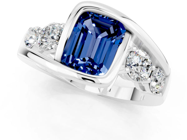Platinum Bezel Set Emerald Cut Blue Sapphire Bypass Ring with Round  Accents