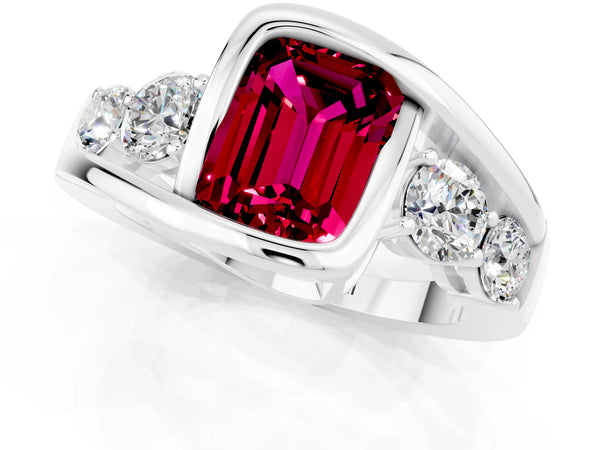 White gold Bezel Set Emerald Cut Garnet Bypass Ring with Round  Accents