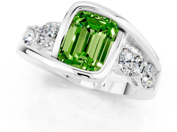 Platinum Bezel Set Emerald Cut Peridot Bypass Ring with Round  Accents