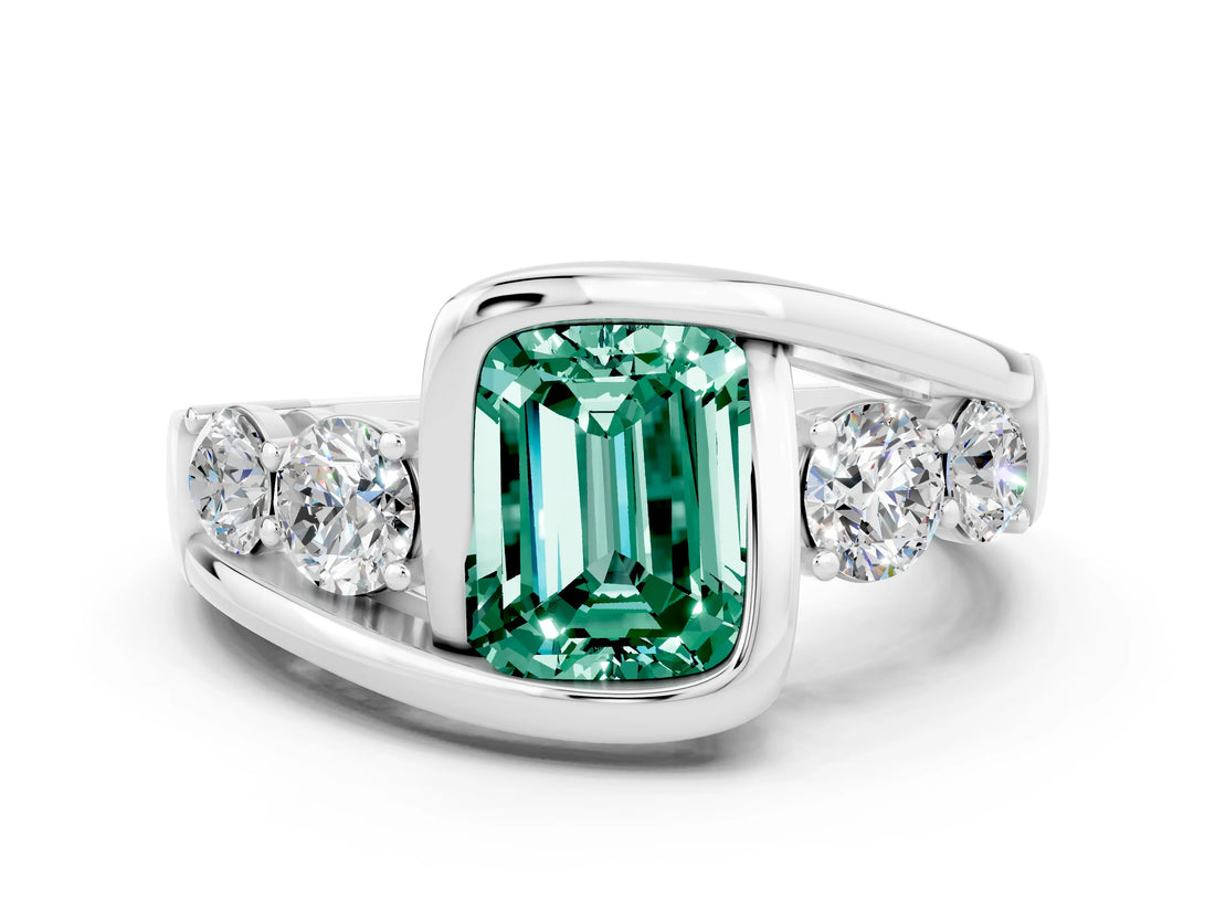 White gold Bezel Set Emerald Cut Diamond Split Shank Ring