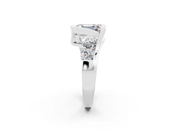 Platinum Bezel Set Emerald Cut Moissanite Bypass Ring with Round  Accents