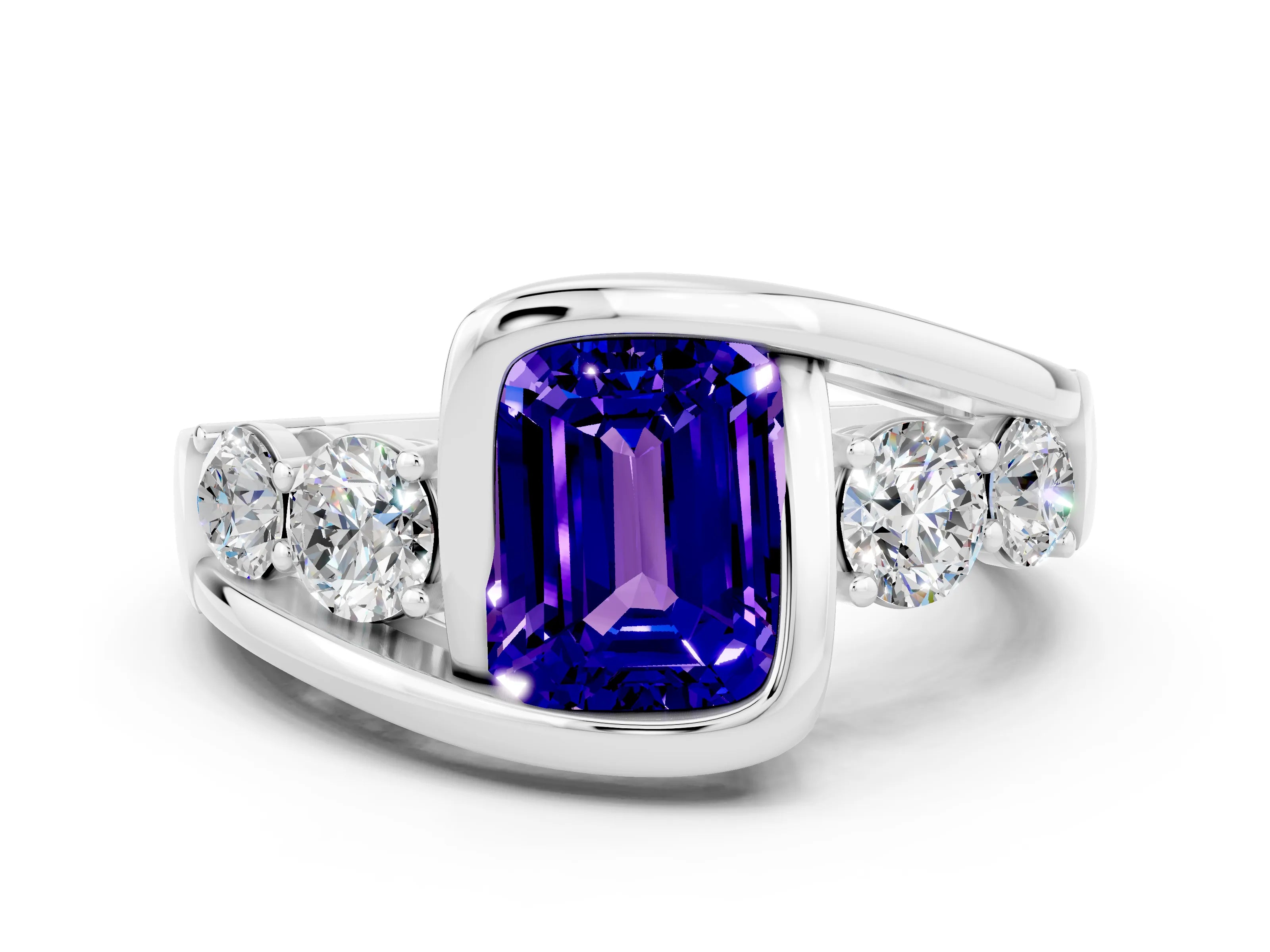 White gold Bezel Set Emerald Cut Diamond Split Shank Ring