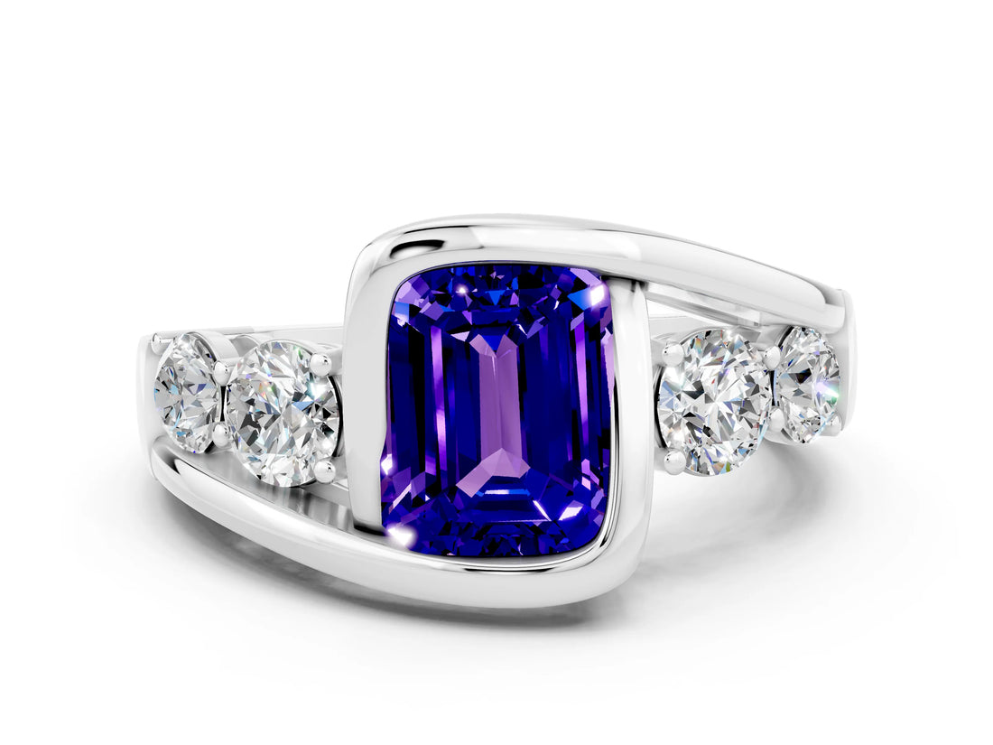 White gold Bezel Set Emerald Cut Diamond Split Shank Ring
