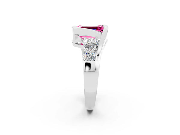 Silver Bezel Set Emerald Cut Pink Sapphire Bypass Ring with Round  Accents