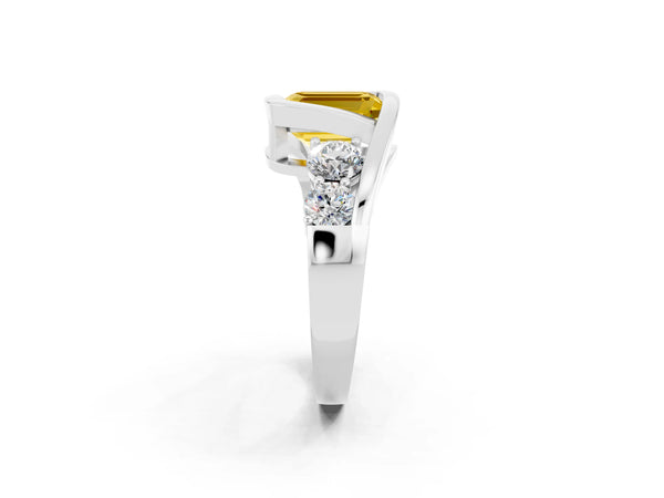 Platinum Bezel Set Emerald Cut Yellow Sapphire Bypass Ring with Round  Accents