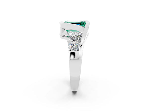 Platinum Bezel Set Emerald Cut Green Sapphire Bypass Ring with Round  Accents