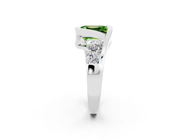 Platinum Bezel Set Emerald Cut Peridot Bypass Ring with Round  Accents