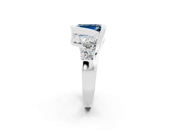 Platinum Bezel Set Emerald Cut Aquamarine Bypass Ring with Round  Accents