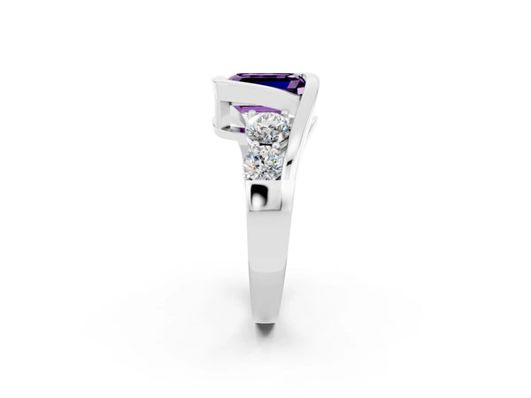 Silver Bezel Set Emerald Cut Amethyst Bypass Ring with Round  Accents