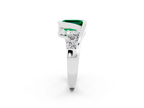 White gold Bezel Set Emerald Cut Emerald Bypass Ring with Round  Accents