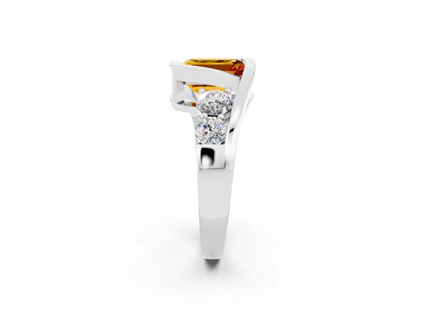 Platinum Bezel Set Emerald Cut Citrine Bypass Ring with Round  Accents