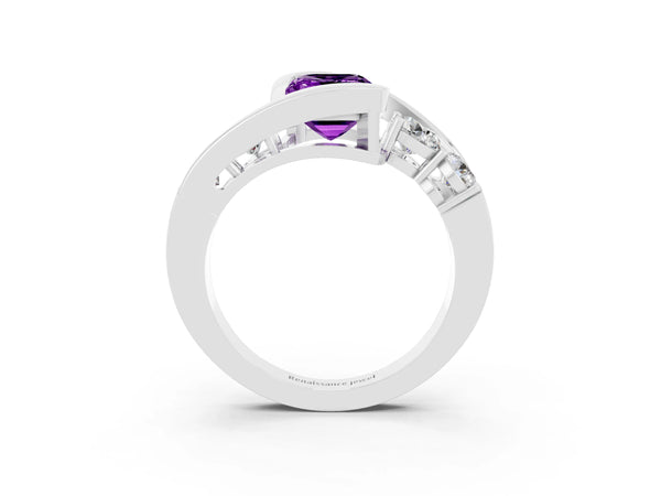 Platinum Bezel Set Emerald Cut Amethyst Bypass Ring with Round  Accents