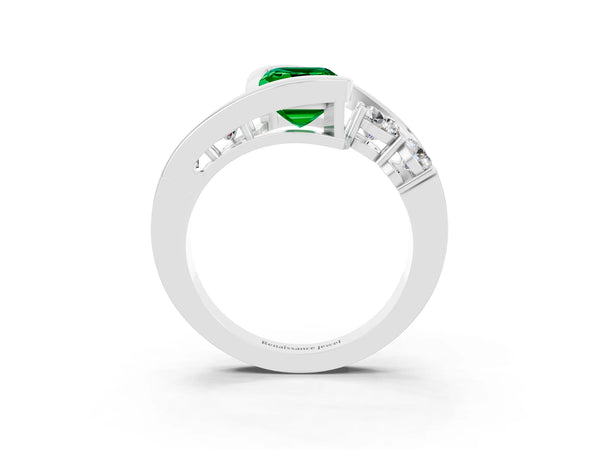 Silver Bezel Set Emerald Cut Emerald Bypass Ring with Round  Accents