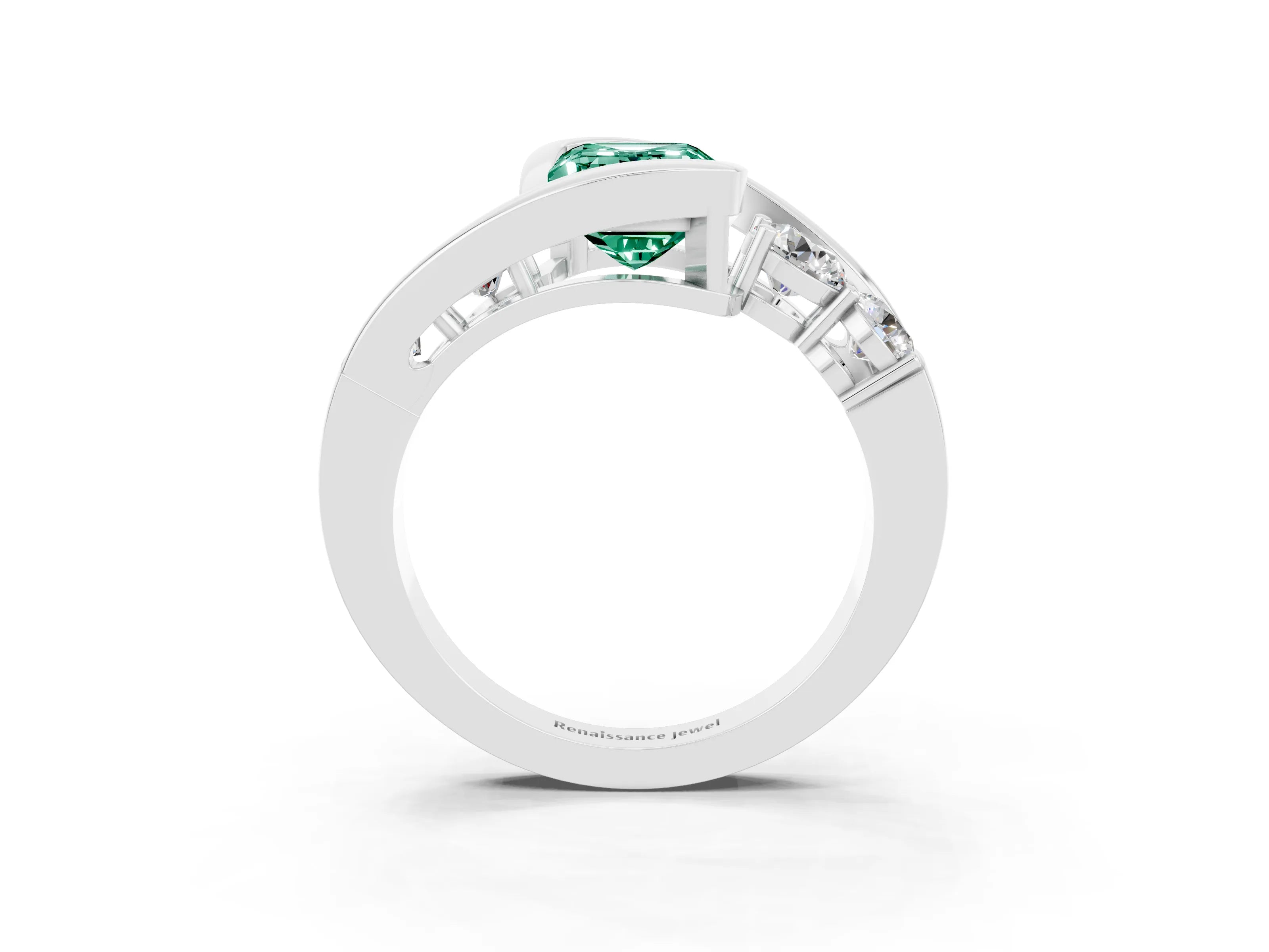 White gold Bezel Set Emerald Cut Diamond Split Shank Ring_3