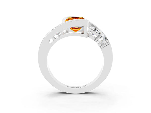 Platinum Bezel Set Emerald Cut Citrine Bypass Ring with Round  Accents