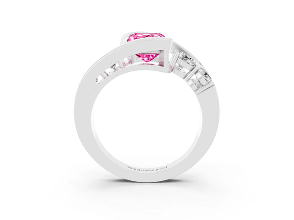 Silver Bezel Set Emerald Cut Pink Sapphire Bypass Ring with Round  Accents