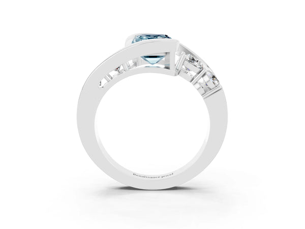 Platinum Bezel Set Emerald Cut Aquamarine Bypass Ring with Round  Accents