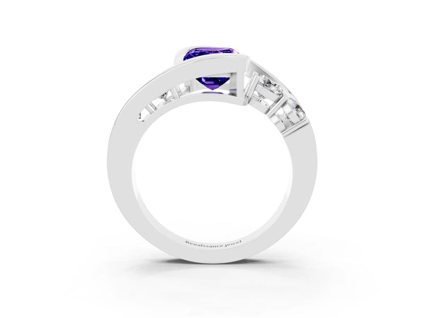 Platinum Bezel Set Emerald Cut Tanzanite Bypass Ring with Round  Accents