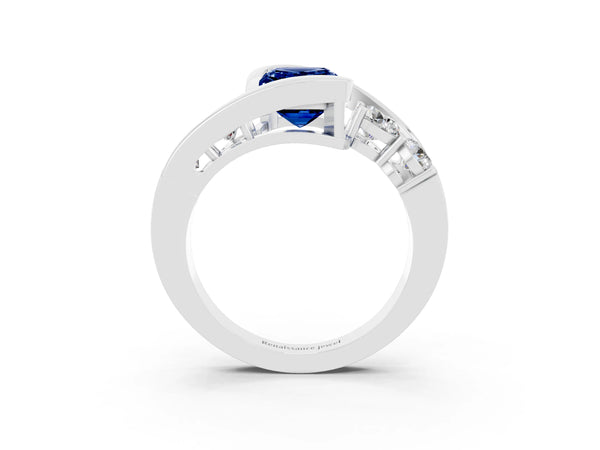 White gold Bezel Set Emerald Cut Blue Sapphire Bypass Ring with Round  Accents