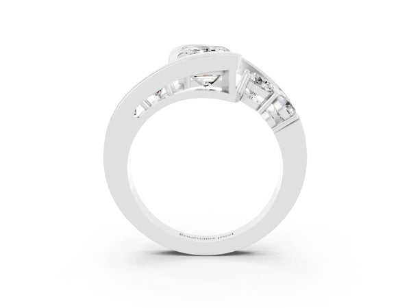 White gold Bezel Set Emerald Cut Moissanite Bypass Ring with Round  Accents