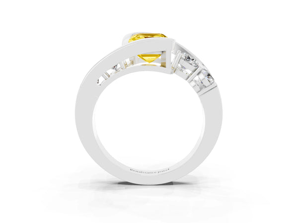Platinum Bezel Set Emerald Cut Yellow Sapphire Bypass Ring with Round  Accents