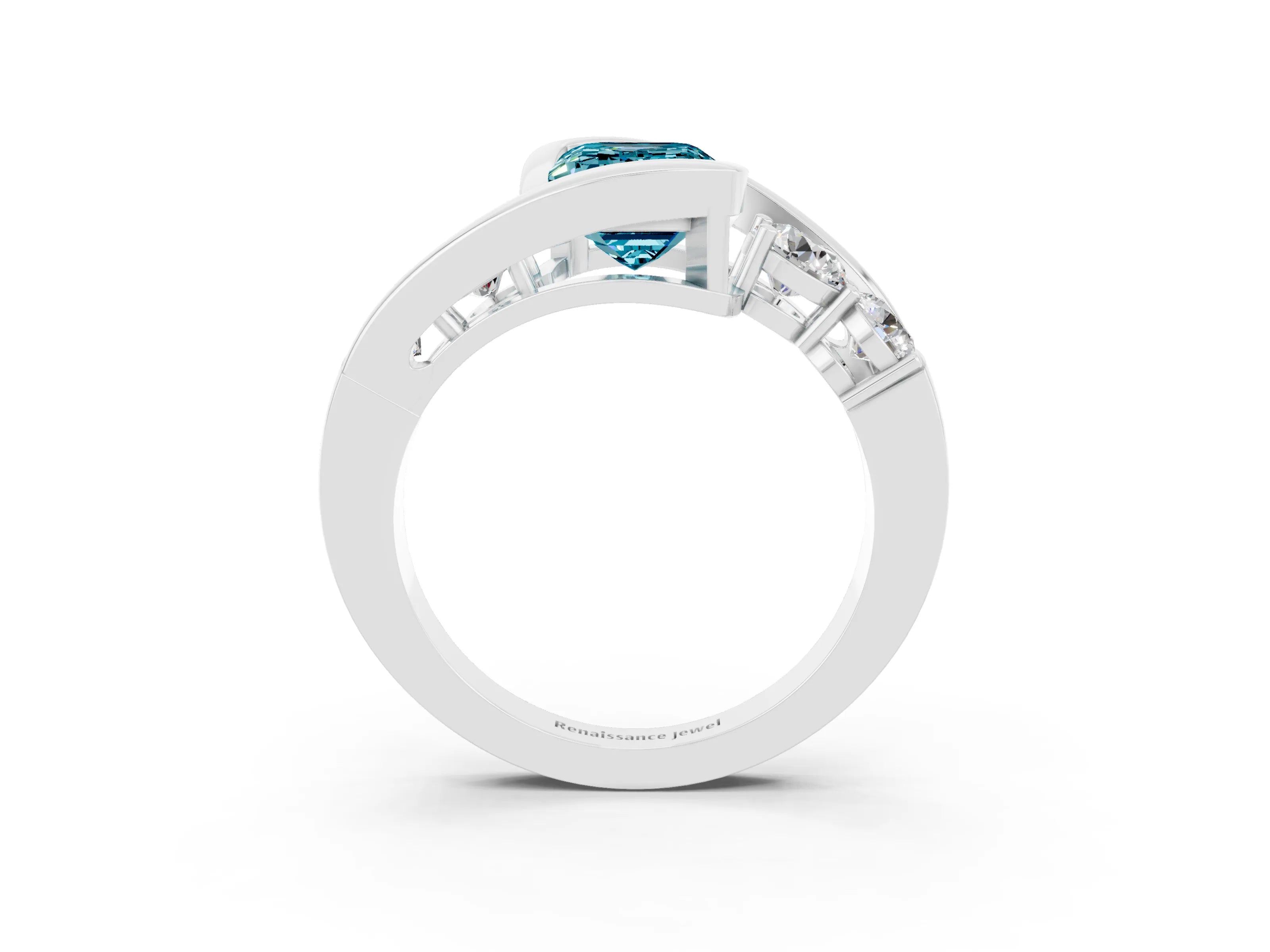 White gold Bezel Set Emerald Cut Diamond Split Shank Ring_3