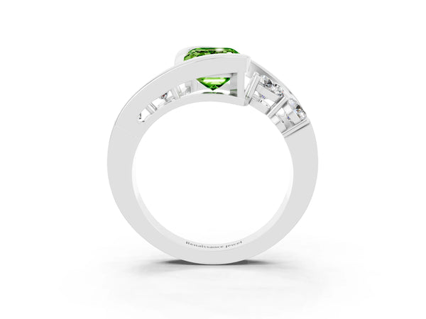 Platinum Bezel Set Emerald Cut Peridot Bypass Ring with Round  Accents