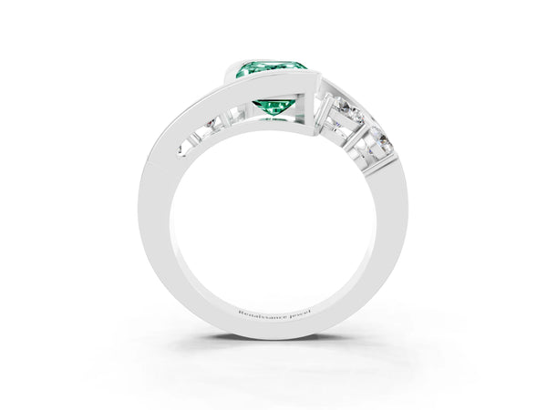 Silver Bezel Set Emerald Cut Green Sapphire Bypass Ring with Round  Accents