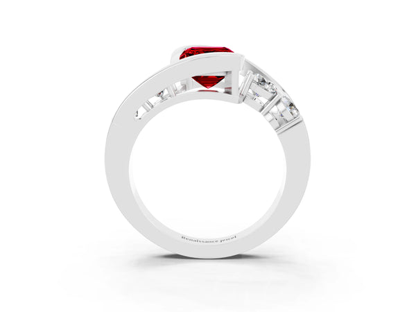 White gold Bezel Set Emerald Cut Ruby Bypass Ring with Round  Accents