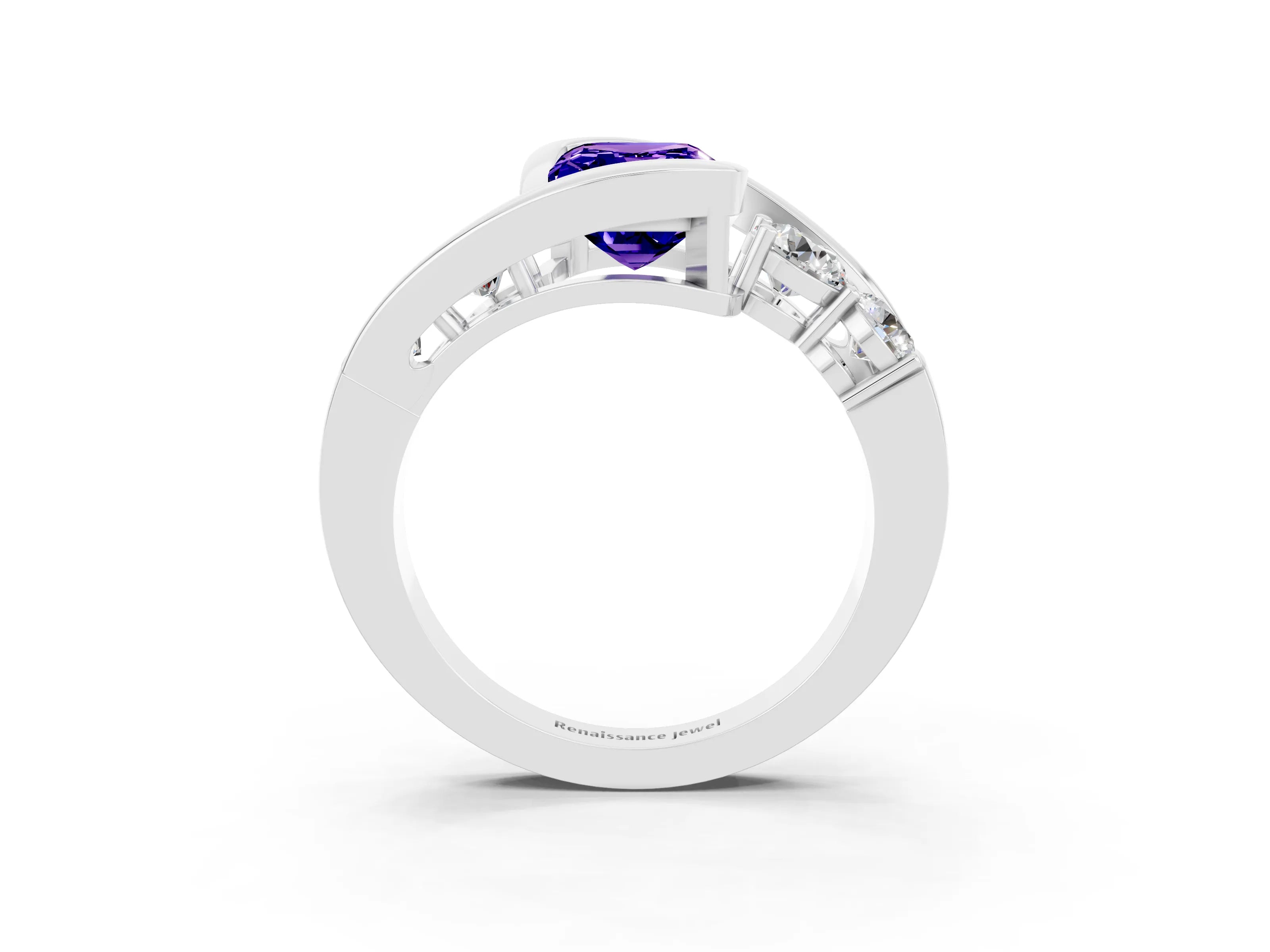 White gold Bezel Set Emerald Cut Diamond Split Shank Ring_3