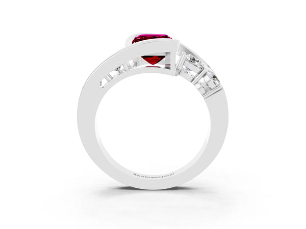 White gold Bezel Set Emerald Cut Garnet Bypass Ring with Round  Accents