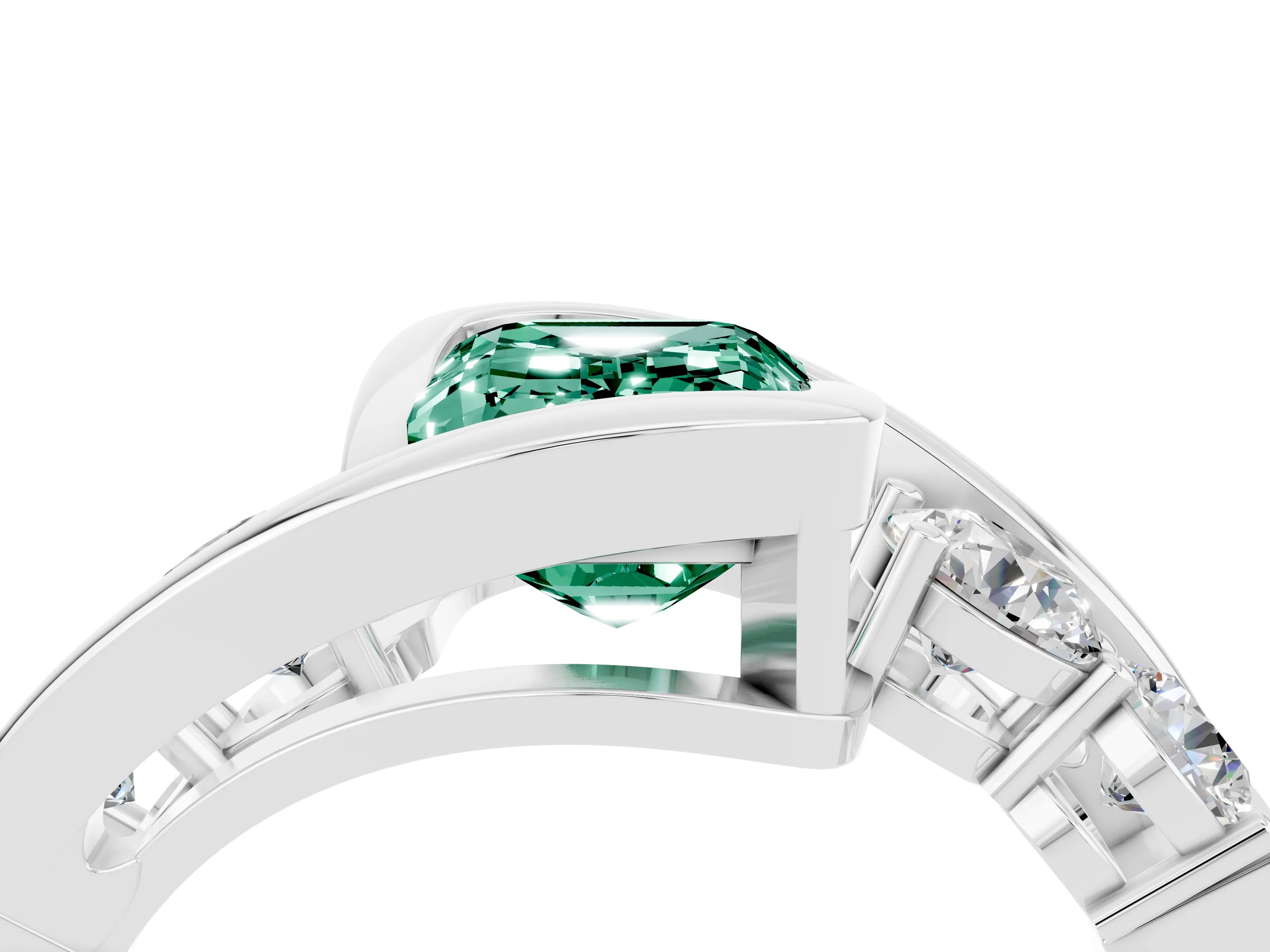 White gold Bezel Set Emerald Cut Diamond Split Shank Ring_4