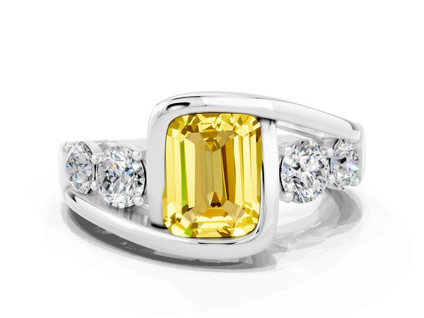 White gold Bezel Set Emerald Cut Yellow Sapphire Bypass Ring with Round  Accents