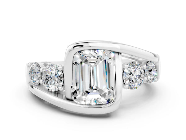 White gold Bezel Set Emerald Cut Moissanite Bypass Ring with Round  Accents