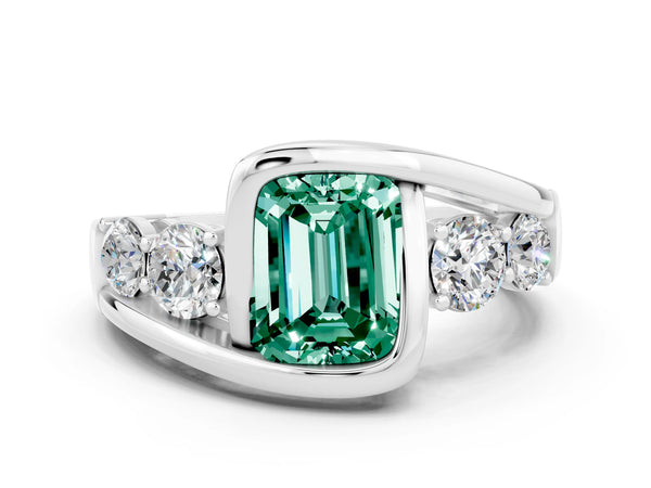 Silver Bezel Set Emerald Cut Green Sapphire Bypass Ring with Round  Accents