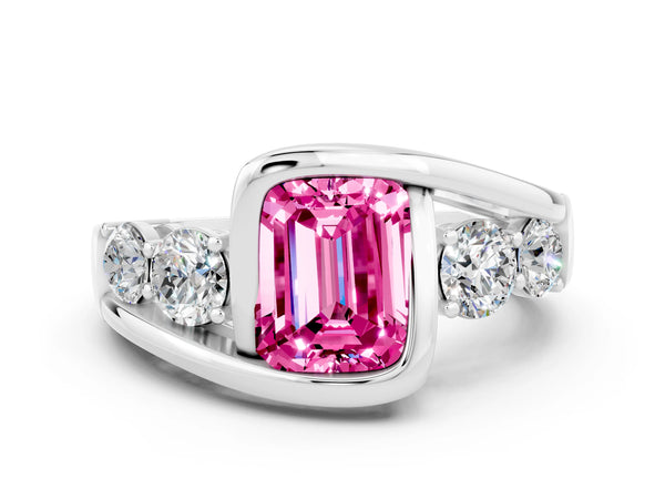 Platinum Bezel Set Emerald Cut Pink Sapphire Bypass Ring with Round  Accents