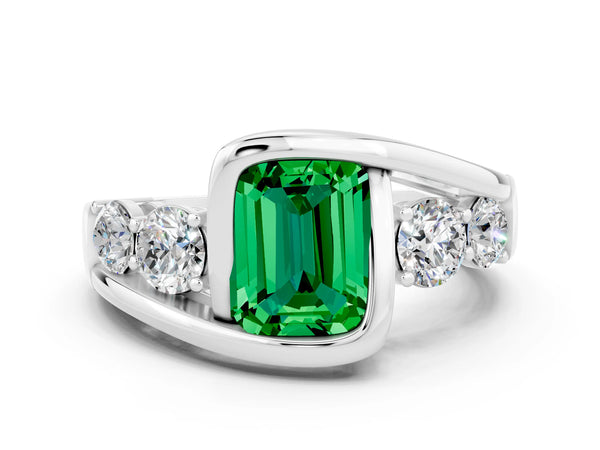 Silver Bezel Set Emerald Cut Emerald Bypass Ring with Round  Accents